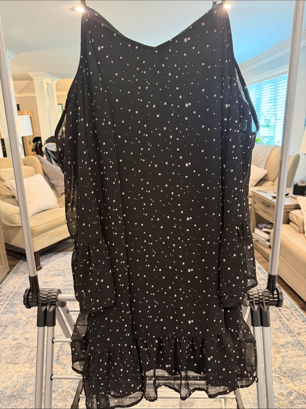 Xhilaration Black Star-Print Cold-Shoulder Ruffle Hem Dress